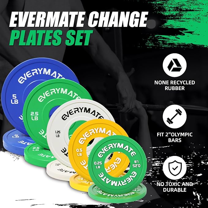 EVERYMATE Change Weight Plates 1.25LB 2.5LB 5LB Set Fractional Plate Olympic Bumper Plates for Cross Training Bumper Weight Plates Steel Insert Strength Training Weight Plates