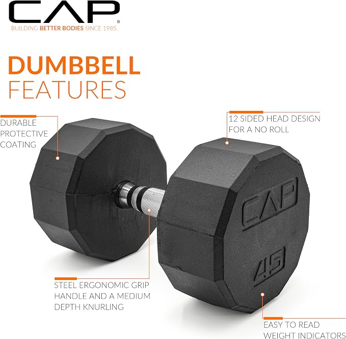 CAP Rubber Coated Dumbbell Weights, Free Weights for Home Gym Strength Training, Anti-Roll Hex Dumbbells with Black, Chrome & Comfort Grip Handles, Singles