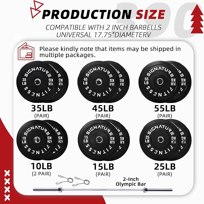 Fitvids 2-Inch Olympic Rubber Weight Plates Sets, Bumper Plates Set with Barbell for Strength Training, 180-390 Lbs Multiple Options