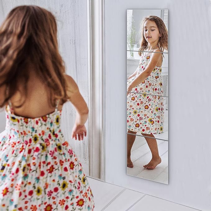 Unbreakable Wall Full Length Mirror Tiles, Long Mirrors for Wall, 4 PCS 12x12 Inch, Full Body Mirror Stickers, Acrylic Mirror' Kids, Over The Door, Wall-Mounted Bedroom, Workout Mirrors for Home Gym