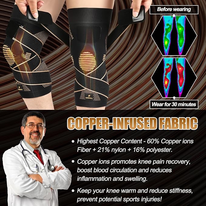 NEENCA Copper Knee Brace with Straps for Women/Men, Knee Compression Sleeve for Knee Pain, Arthritis, ACL, Meniscus Tear, Joint Pain Relief. Knee Support for Running, Workout, Weightlifting - Single