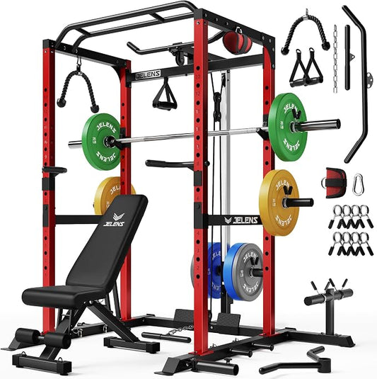 JELENS S21 Power Cage, Multi-Function Power Rack with Adjustable Cable Crossover System, 2000LBS Squat Rack for Home Gym with More Training Attachments