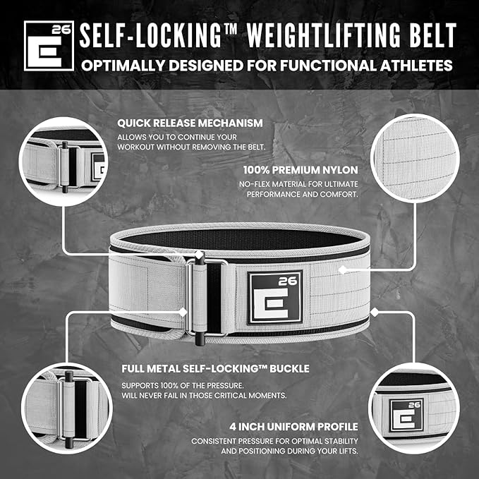 Element 26 Self-Locking Weight Lifting Belt | 4” Back Support for Gym, Powerlifting, Body Building, Cross Training, Men, Women, Deadlift, Squat, Quick Locking, Competition