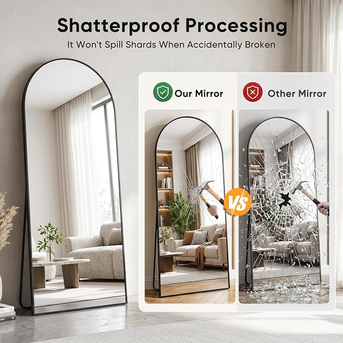 Full Length Mirror, 78"x38" Arched Floor Mirror Freestanding, Floor Standing Full Body Mirror with Stand for Bedroom, Hanging Mounted for Living Room Cloakroom, Black