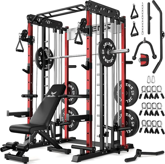 JELENS Smith Machine for Home Gym, Multi-Function M12 Power Cage with Cable Crossover System, Squat Rack with Smith Bar and More Attachment