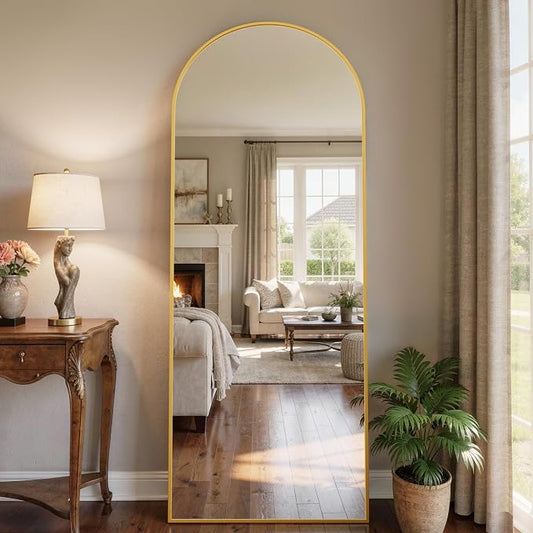 58"x18" Arched Full Length Mirror with Stand, Free Standing Leaning Wall Mounted Aluminum Alloy Frame Mirror for Bedroom Living Room Cloakroom, Gold