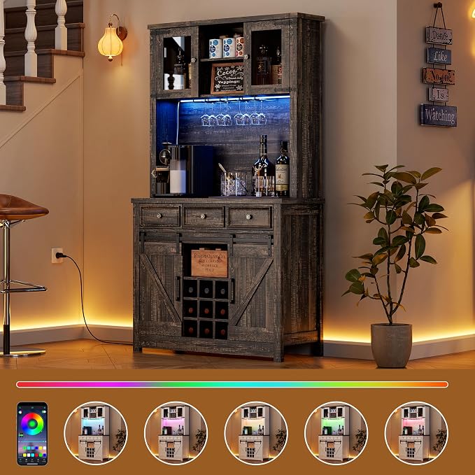 GarveeHome 72" Farmhouse Coffee Bar Cabinet with LED Lights & Power Outlets | Tall Kitchen Buffet Hutch with 3 Drawers & Wine Glass Rack, Sliding Barn Door, Ample Storage for Home Bar, Dark Oak