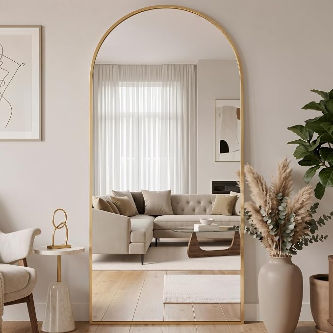 71"x32" Arched Full Length Mirror with Stand, Free Standing Leaning Wall Mounted Aluminum Alloy Frame Mirror for Bedroom Living Room Cloakroom, Gold