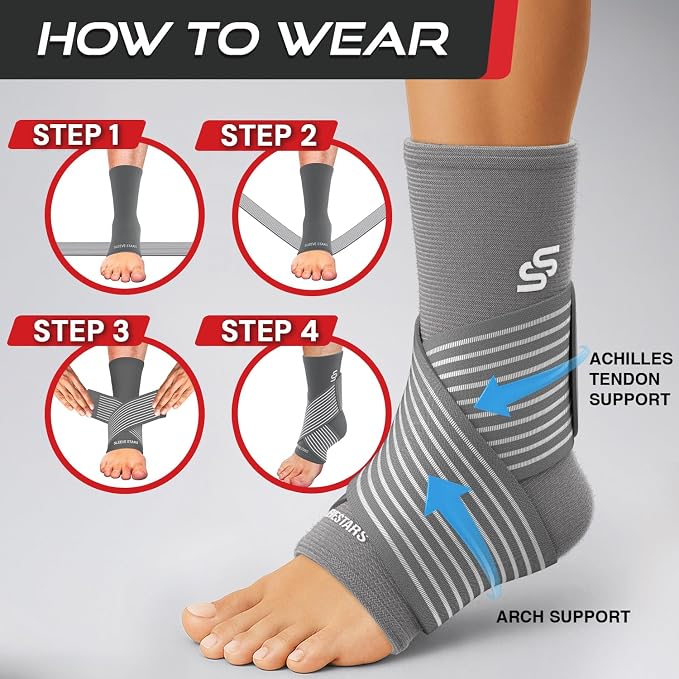 Sleeve Stars Ankle Brace for Women & Men, Ankle Wrap for Sprain, Compression Sleeve for Plantar Fasciitis Relief, Easy Customizable Support: w/ Removable Strap (Pair/M:10"-12"/Grey)