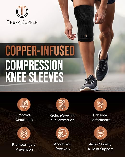 TheraCopper Copper Knee Brace for Men & Women (2 Pack) — Non-Slip Compression Copper Knee Sleeve for Arthritis, Knees Pain Relief, Swelling, Anti inflammatory and Recovery Support (X-Large)