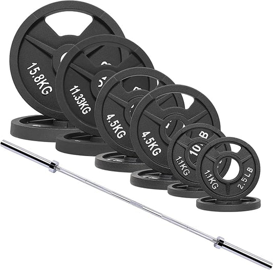 Signature Fitness 2-Inch Cast Iron Barbell Set, Including Multiple LBS Weight Plates and 6FT Barbell Set, Multiple