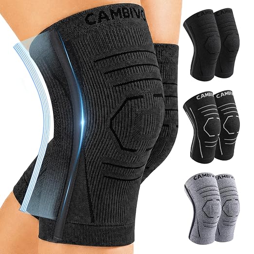CAMBIVO 2 Pack Knee Brace for Women & Men, Compression Sleeves Knee Support | Lightweight Side Stabilizers| Latex free & silicone free | Knee pain relief for meniscus | Non-slip for running, hiking, gym