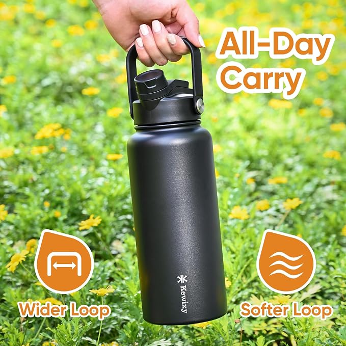 KEWIXY 32 oz Insulated Water Bottle, 2-in-1 Lid, Straw & Spout with Protected, Leak Proof, Keep Cold, Stainless Steel, Metal, Reusable, Handle, for Outdoor, Gym and School, 2 Lids, Midnight Black