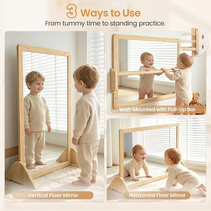 Montessori Mirror with Pull Up Bar, Large 38.2 x 23.6 in Natural Wood & Shatter-Resistant Acrylic Baby Mirror for Tummy Time, Horizontal/Vertical Floor Use, Wall Mounting and Pull-to-Stand