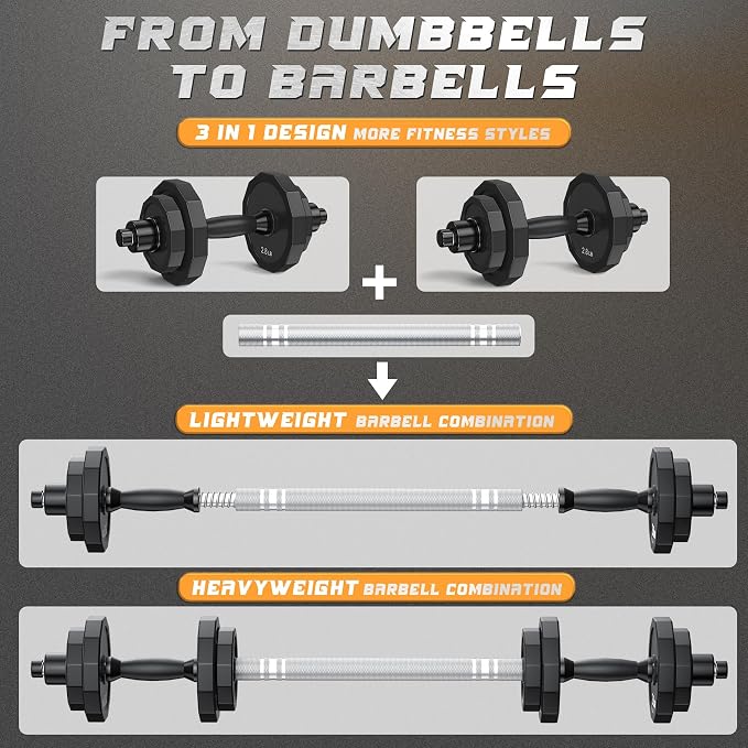 KISS GOLD Weights Dumbbells Set, Adjustable Dumbbell Sets 22Lbs 44Lbs 66Lbs 88Lbs with Solid Steel, Barbell Free Weight Set with Connector Workout Home Gym Equipment for Men Women Strength Training Shaping