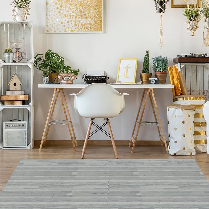 Sorbus Wood Floor Mats Foam Interlocking Mats Each Tile 1 Square Foot 3/8-Inch Thick Puzzle Wood Tiles with Borders – for Home Office Playroom Basement (16 Tiles 16 Sq ft, Wood Grain - Gray)