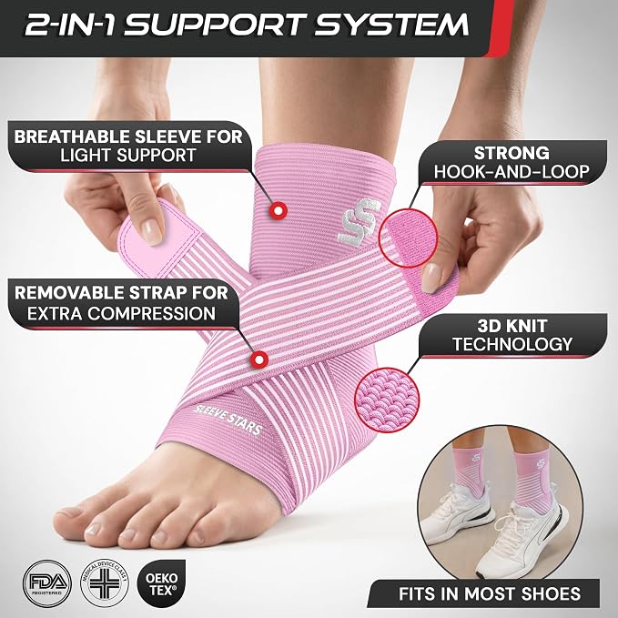 Sleeve Stars Ankle Brace for Women & Men, Ankle Wrap for Sprained Ankle, Compression Sleeve for Plantar Fasciitis Relief, Easy Customizable Support: w/Removable Strap (Single/L:12"-13"/Baby Pink)
