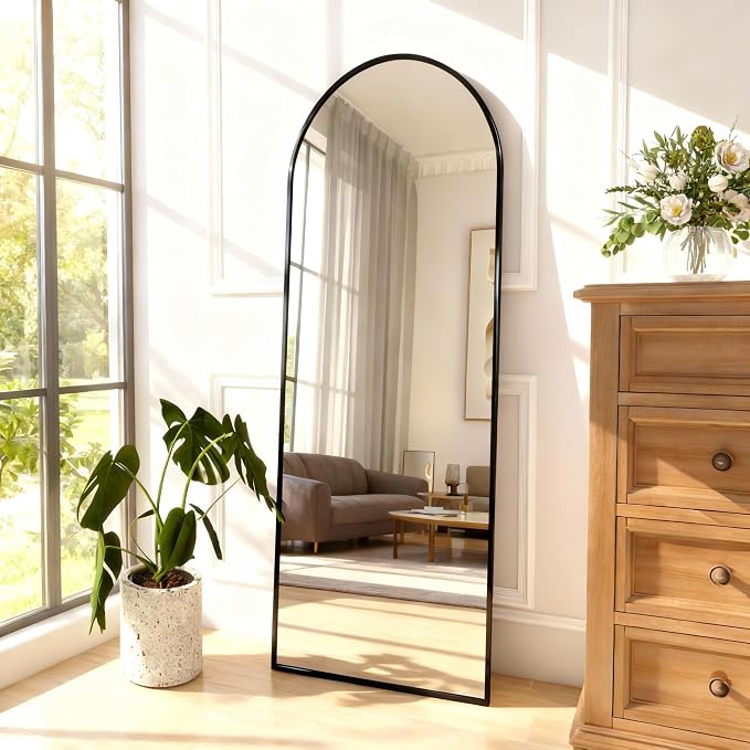 Arched Full Length Mirror 56"x15" Black | Aluminum Frame Shatterproof Glass, Freestanding Leaning Wall Mounted Mirror for Bedroom Living Room Entryway, Modern