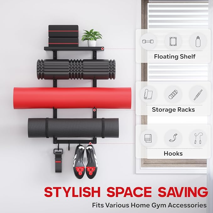 Yoga Mat Holder Wall Mount, Home Gym Storage Rack with Top Floating Shelf | 4-Tiers Fitness Accessories Organizer with Hooks for Foam Roller / Resistance Band / Workout Equipment/ Block / Pilates Strap