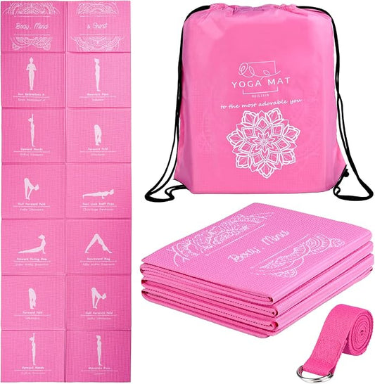 Foldable Yoga Mat for Women, Non Slip Exercise Mat for Home Gym, 5mm Travel Yoga Mats Set With Stretch Strap for Yoga Pilates and Fitness, 68"L x 24"W x 0.2 Inch Thick