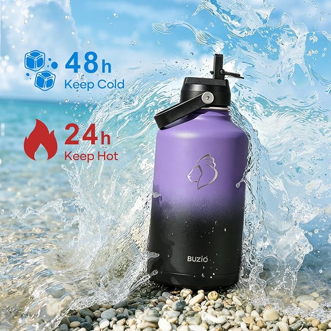 BUZIO 64oz Insulated Water Bottle with Straw Lid and Spout Cap, Stainless Steel Powder-Coat Water Flask, Keep Beverage Cold for 48 Hrs Hot for 24 Hrs Simple Thermo Canteen Mug, Purple Black