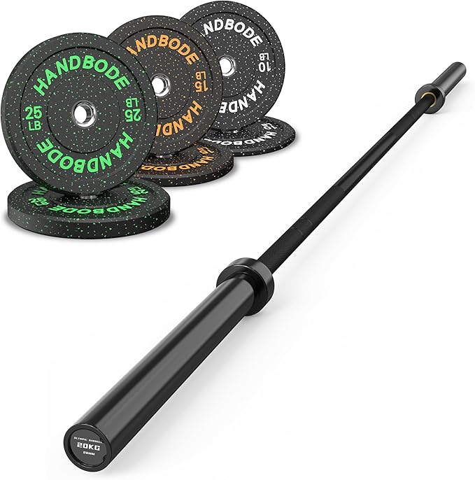 HANDBODE Olympic Barbell Set, 2-Inch Bumper Plates with Weight Plate Rack | Colored Crumb Rubber Weight Plates for Weight Lifting & Strength Training, 90–530 lb Set with 45 LB (20 kg) Olympic Barbell