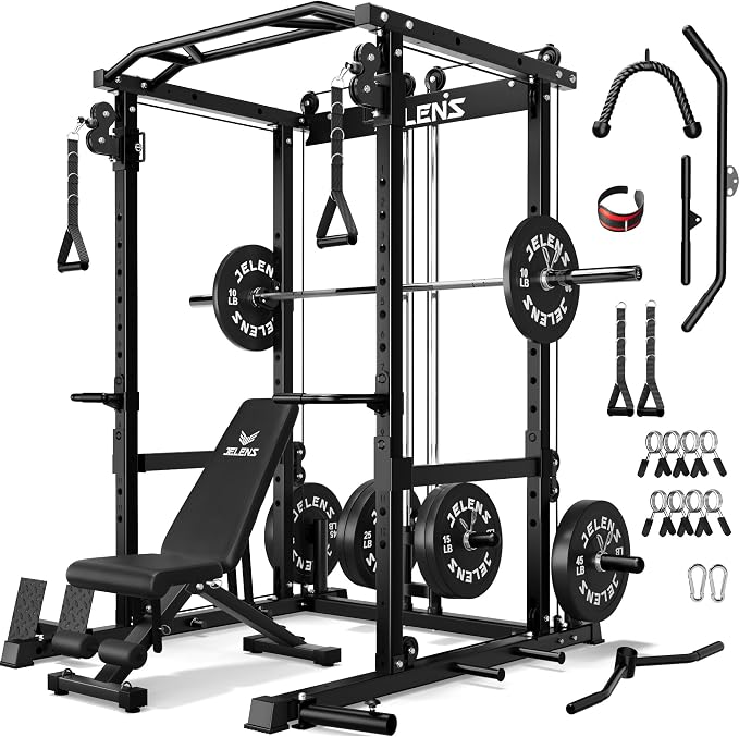 JELENS C12 Power Rack, 2000LBS Squat Rack with Cable Crossover System, Workout Cage with More Training Attachments for Home Gym