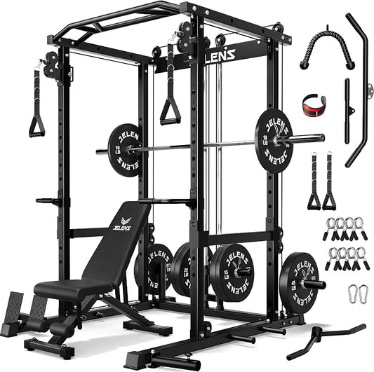 JELENS C12 Power Rack, 2000LBS Squat Rack with Cable Crossover System, Workout Cage with More Training Attachments for Home Gym