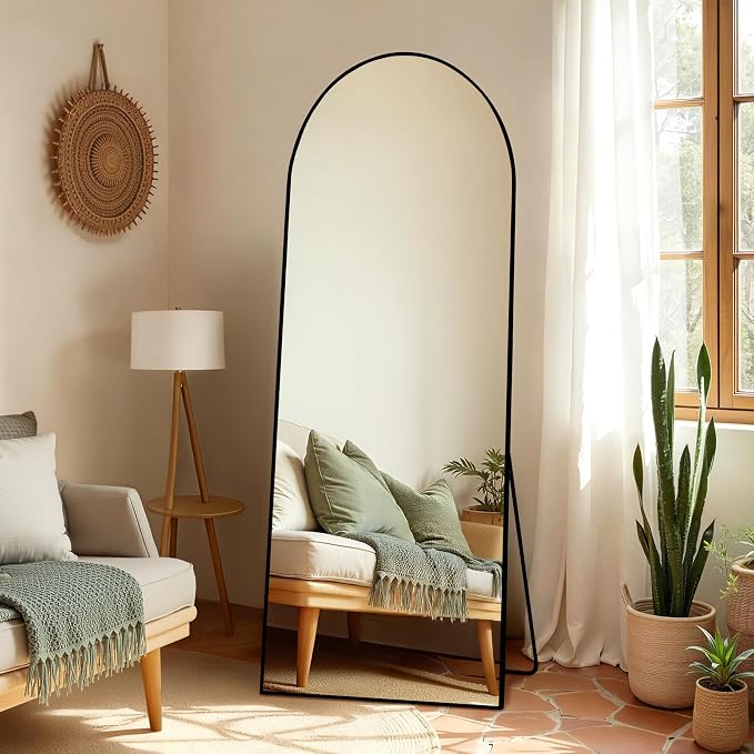 Arched Full Length Mirror 65"x24" Leaning Hanging Decor Black | Standing Body Mirror with Aluminum Frame for Bedroom Cloakroom Living Room Make-up Gift