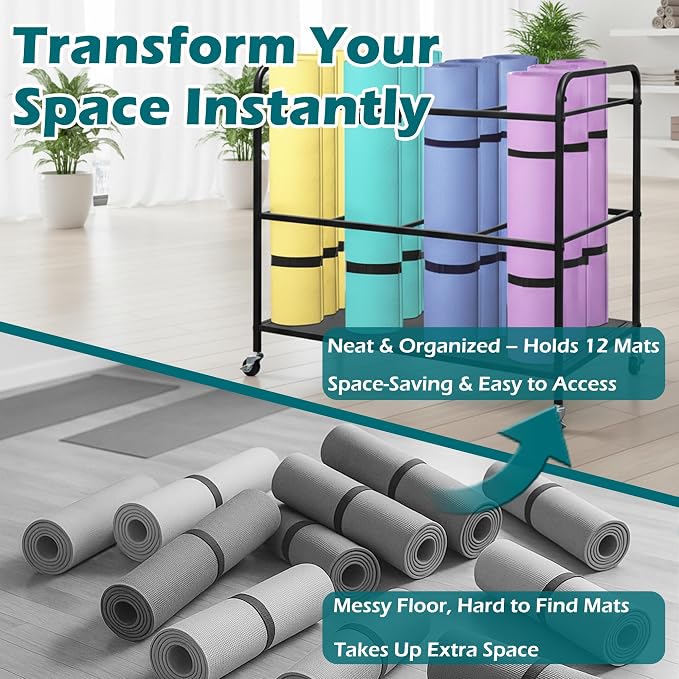 Yoga Mat Rack Storage Basket with Wheels,All-in-One Organizer for Yoga Mat Holder,Home Gym Equipment Storage Cart for Dumbbells, Kettlebells and Foam Rollers