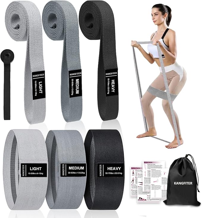 KANGFITER Long and Short 6 Fabric Resistance Bands Set with Door Anchor | Non-Slip Stretch Booty Bands for Working Out Women & Men, Loop Exercise Elastic Bands for Home Physical Therapy Yoga Pilates