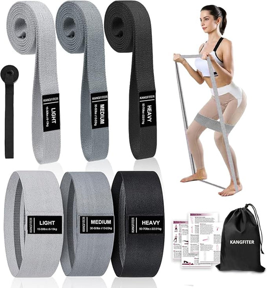 KANGFITER Long and Short 6 Fabric Resistance Bands Set with Door Anchor | Non-Slip Stretch Booty Bands for Working Out Women & Men, Loop Exercise Elastic Bands for Home Physical Therapy Yoga Pilates