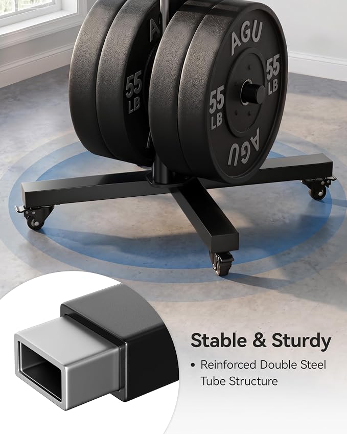 Movable Olympic Weight Plate Tree with 6 Metal Pegs | Fits 1" & 2" Weight Plates, Heavy Duty Storage Rack with Barbell Holders for Home & Garage Gym