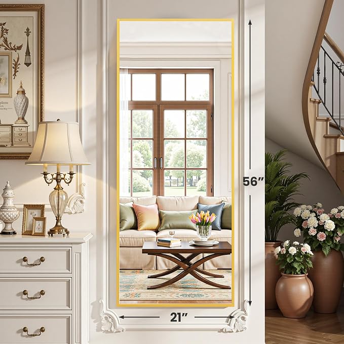 OLIXIS Full Length Mirror, 56"x21" Full Body Mirror | Aluminum Alloy Thin Frame, Stand, Floor Standing, Hanging or Leaning, Living Room, Bedroom, Gold