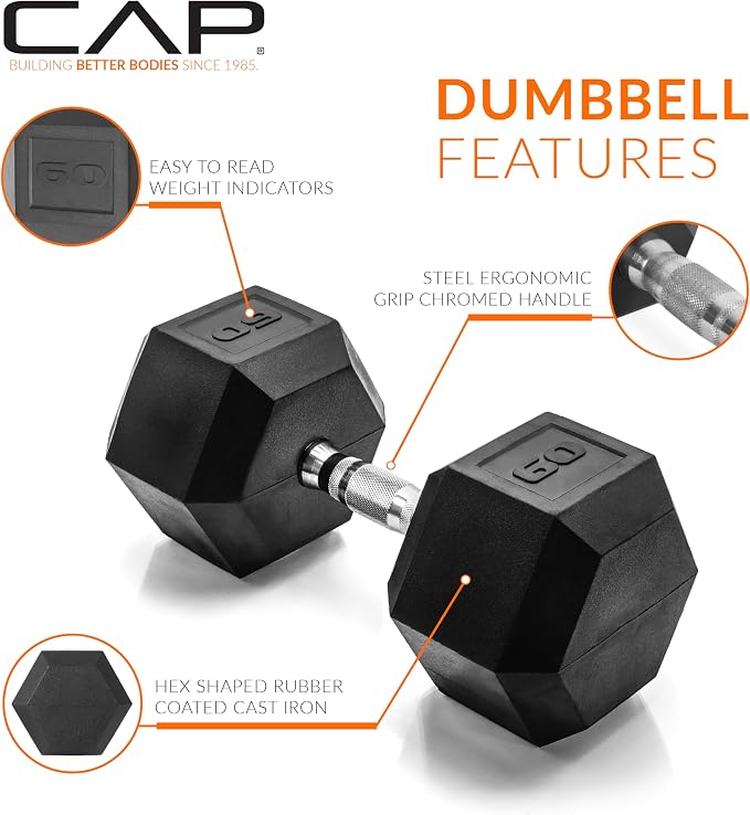 CAP Rubber Coated Dumbbell Weights, Free Weights for Home Gym Strength Training, Anti-Roll Hex Dumbbells with Black, Chrome & Comfort Grip Handles, Singles