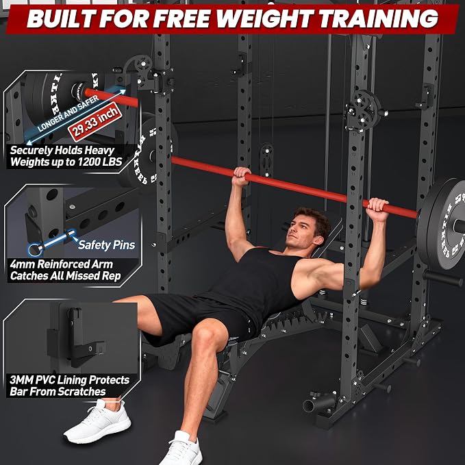 RitKeep Power Rack M10 with Pulley System & LAT Pull Down for Home Gym | Multi-Function Squat Rack with 1500LB Capacity, Pull-Up Bar & J-Hooks plus 11 Attachments for Strength Training