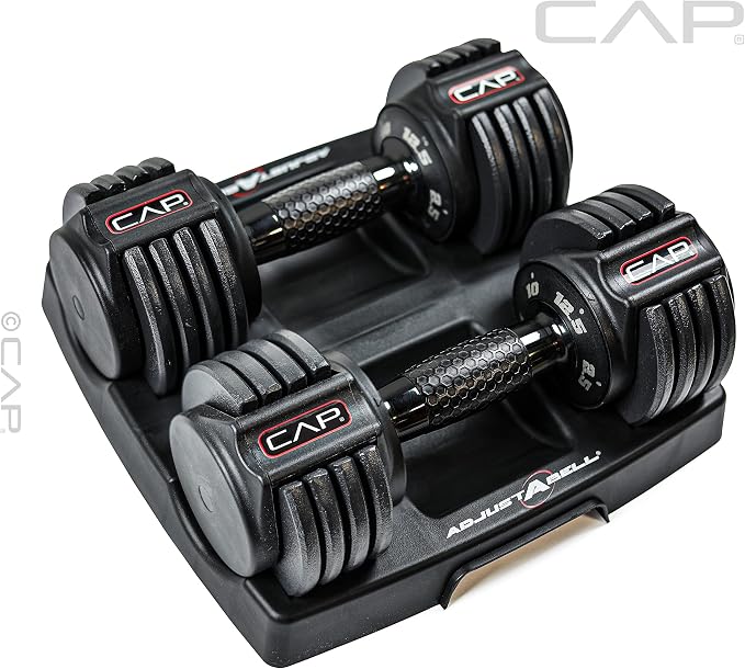 CAP ADJUSTABELL Adjustable Dumbbell Set, Premium Quick Select Adjustable Weights for Strength Training, Singles & Pairs, 12.5 LB, 25 LB & 55 LB, Round & Hex Dumbbells, Multiple Grip Handle Options