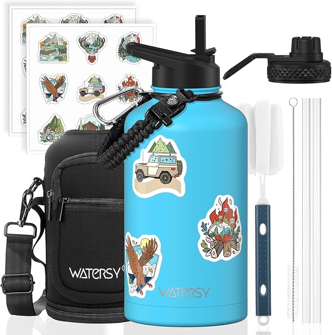 64oz Insulated Water Bottle (Cold for 48 Hrs),BPA Free&Leak Proof,Half Gallon Stainless Steel Water Flask,Water Jug with Straw Spout Lids for Gym,Hiking,Camping,Sky Blue