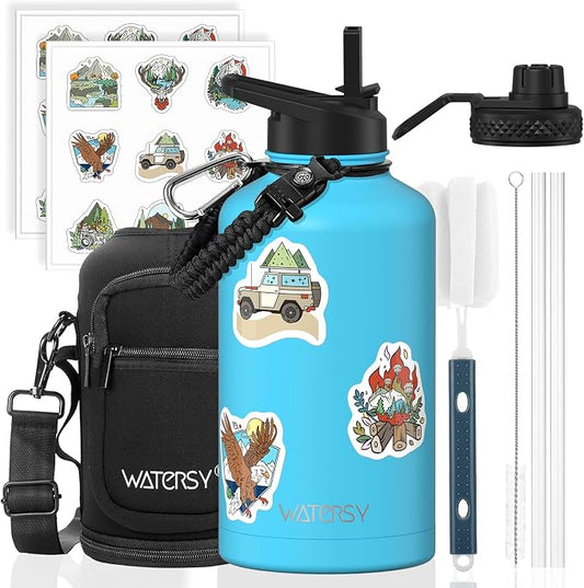 64oz Insulated Water Bottle (Cold for 48 Hrs),BPA Free&Leak Proof,Half Gallon Stainless Steel Water Flask,Water Jug with Straw Spout Lids for Gym,Hiking,Camping,Sky Blue