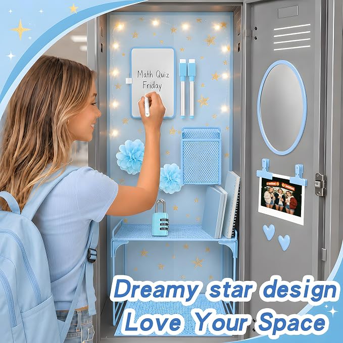 16 PCS Locker Accessories for Girls Magnetic Locker Decoration Kit with Shelf Mirror Whiteboard Pen Holder Rug Wallpaper Lights Lockers Organizer Set for School Dorm Room Office Gym (Blue)