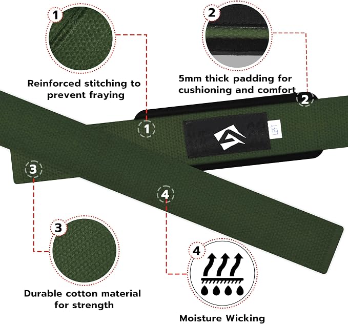 AQF Weight Lifting Straps, Padded Cotton Gym Wrist Straps for Deadlifts | 23" Extra-Long, Heavy-Duty Webbing, 5mm Neoprene Cushioning, Open-Loop Design, Sold as Pair, Ideal for Rows & Pull Workout