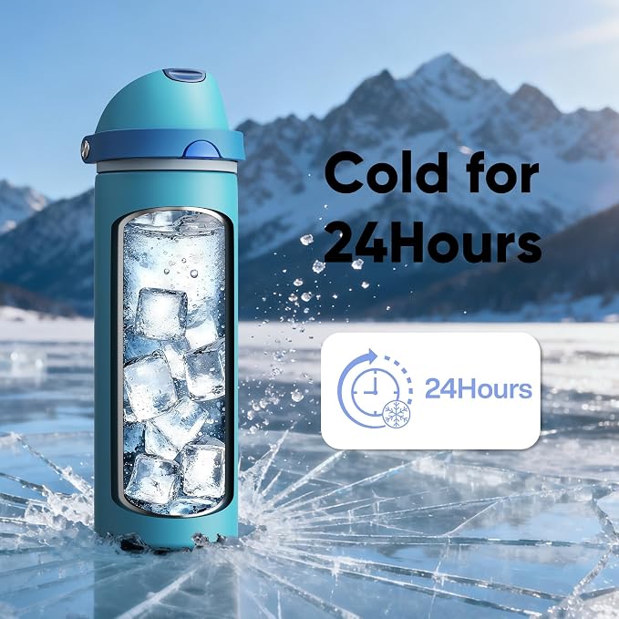 Insulated Water Bottle with Straw - Encool Stainless Steel Water Bottle with Push Button Lid, Leak-Proof & BPA-Free, Keeps Cold for 24 Hours for Sports, Travel, Gym (24 oz, Silk Blue)