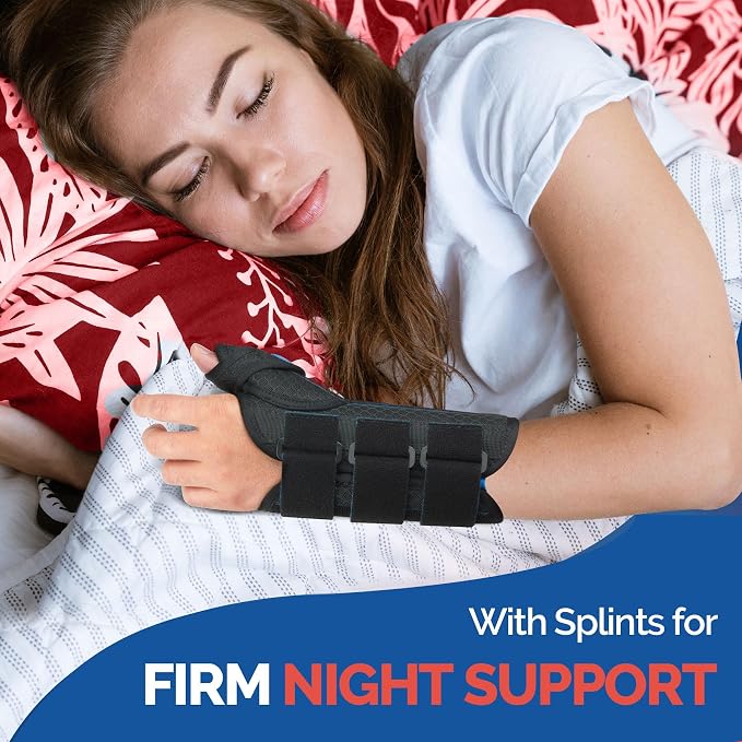 FEATOL Carpal Tunnel Wrist Brace Night Support, Thumb Spica Splint Left Hand for De Quervains Tenosynovitis, Tendonitis, Thumb Brace for Women Men, Black Blue, Large/XLarge