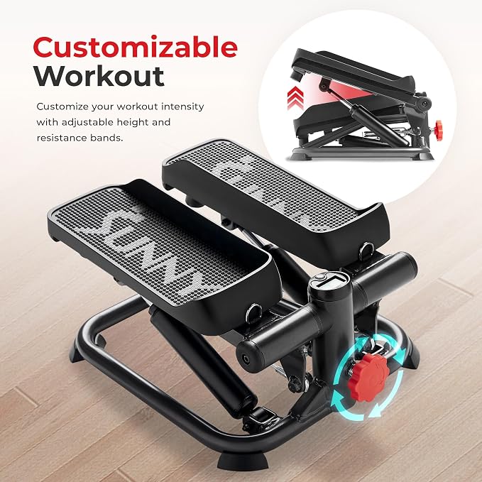 Sunny Health & Fitness Mini Stepper w/LCD Monitor & Adjustable Step Height | Fully Assembled, Stable Frame Design, Home Cardio Training, Hydraulic Stepper, Fits Everywhere, Resistance Bands Option