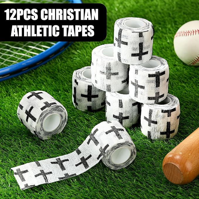 Geiserailie 12 Pack Christian Athletic Tapes 2 Inch x 5 Yards Self Adhesive Bandages Sports Wraps Breathable Elastic Wrap Non Woven Bandage for Wrist, Ankle, Baseball Football(White)