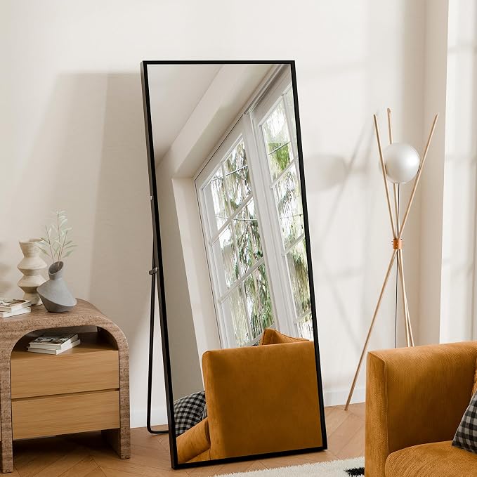58"×18" Full Length Mirror, Shatterproof Tempered Glass Floor Mirror, Alum Alloy Thin Frame Standing Mirror with Freestanding/Leaning/Wall Mount for Bedroom, Living Room & Entryway, Black