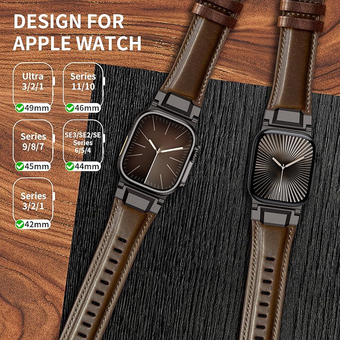 Bands Compatible with Apple Watch Ultra 3/2/1 Band 49/46/45/44mm | Genuine Leather Metal Connector Strap for iWatch Ultra Series 11/10/9/8/7/SE/6/5/4/3/2/1, Dark Brown/Black