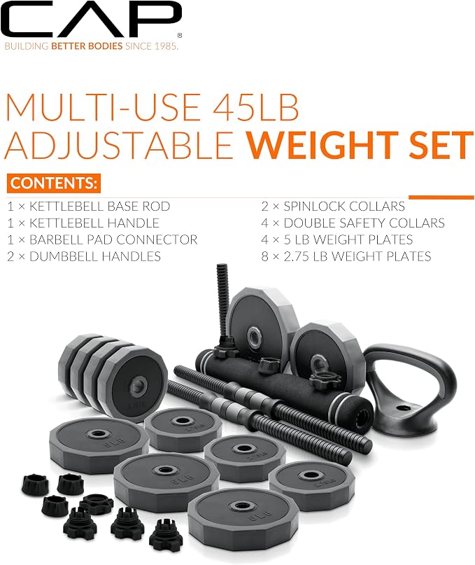 CAP Adjustable Weight Set, Multi-Use Adjustable Dumbbell Set for Home Gym Strength Training, Quick Change Free Weights System, Compact Workout Equipment, Multiple Weight Options