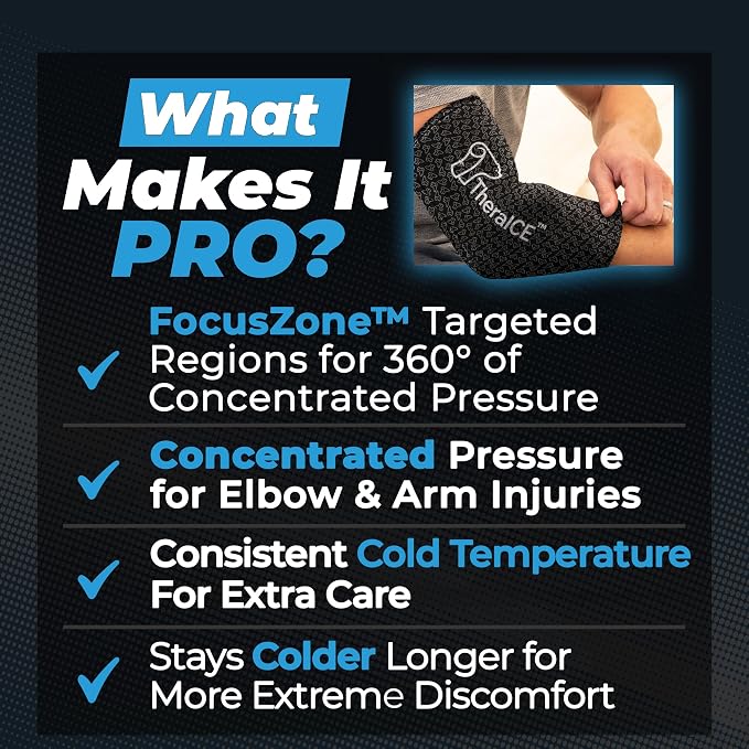 TheraICE Elbow Ice Pack Wrap PRO, Compression Sleeve for Tennis Elbow | FocusZone Extra Cooling, Forearm & Arm Ice Sleeve for Bursitis, Tendonitis Relief