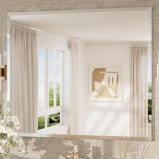42x36 Beveled Bathroom Mirror Frameless Rectangular, Bathroom Vanity Mirrored with 1" Beveled Edge, Shatterproof Modern Frameless Mirror Rectangle for Living Room, Entryway, Restroom